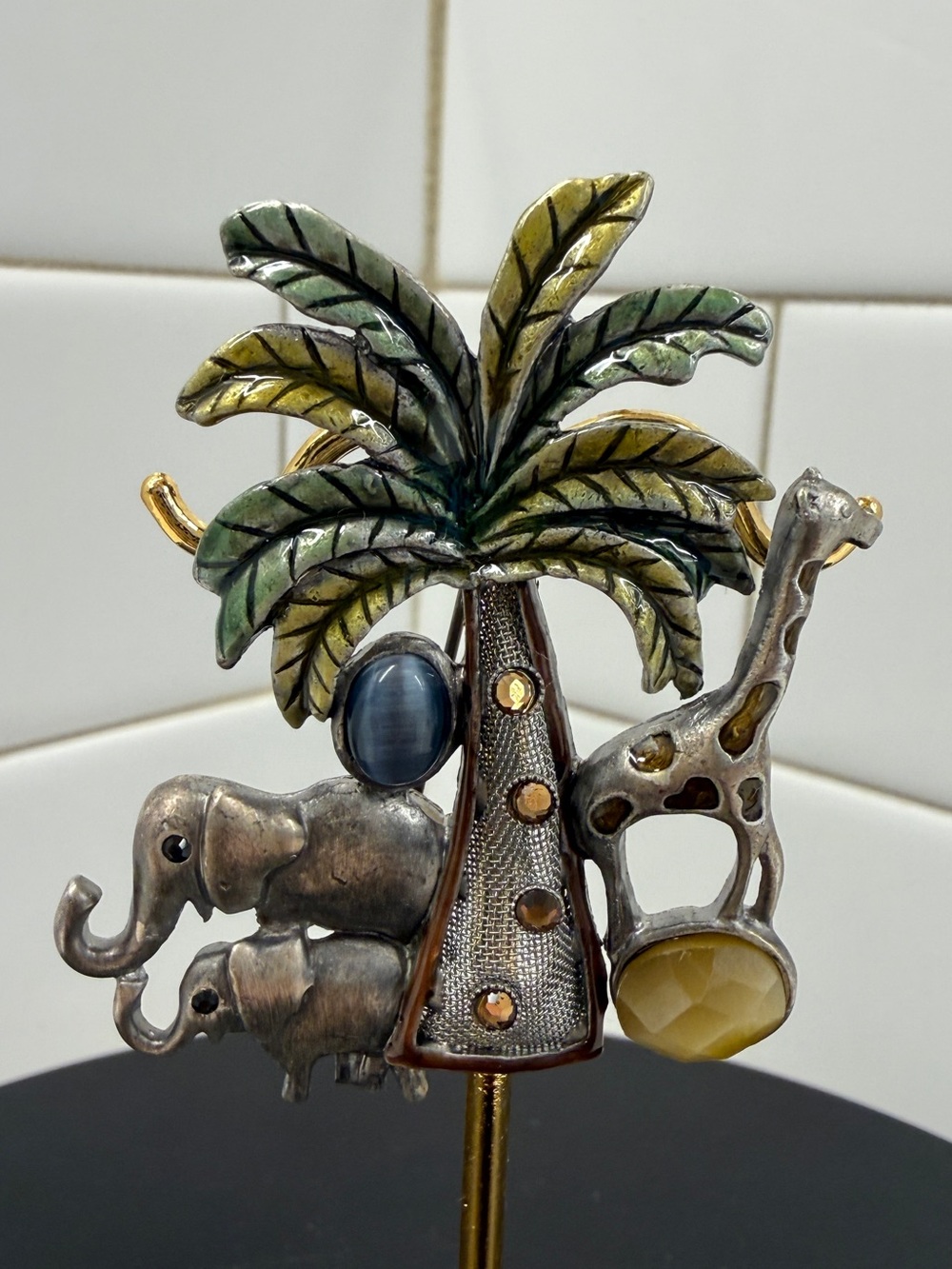Tropical Palm Tree Animal Brooch in Green, Gold and Silver